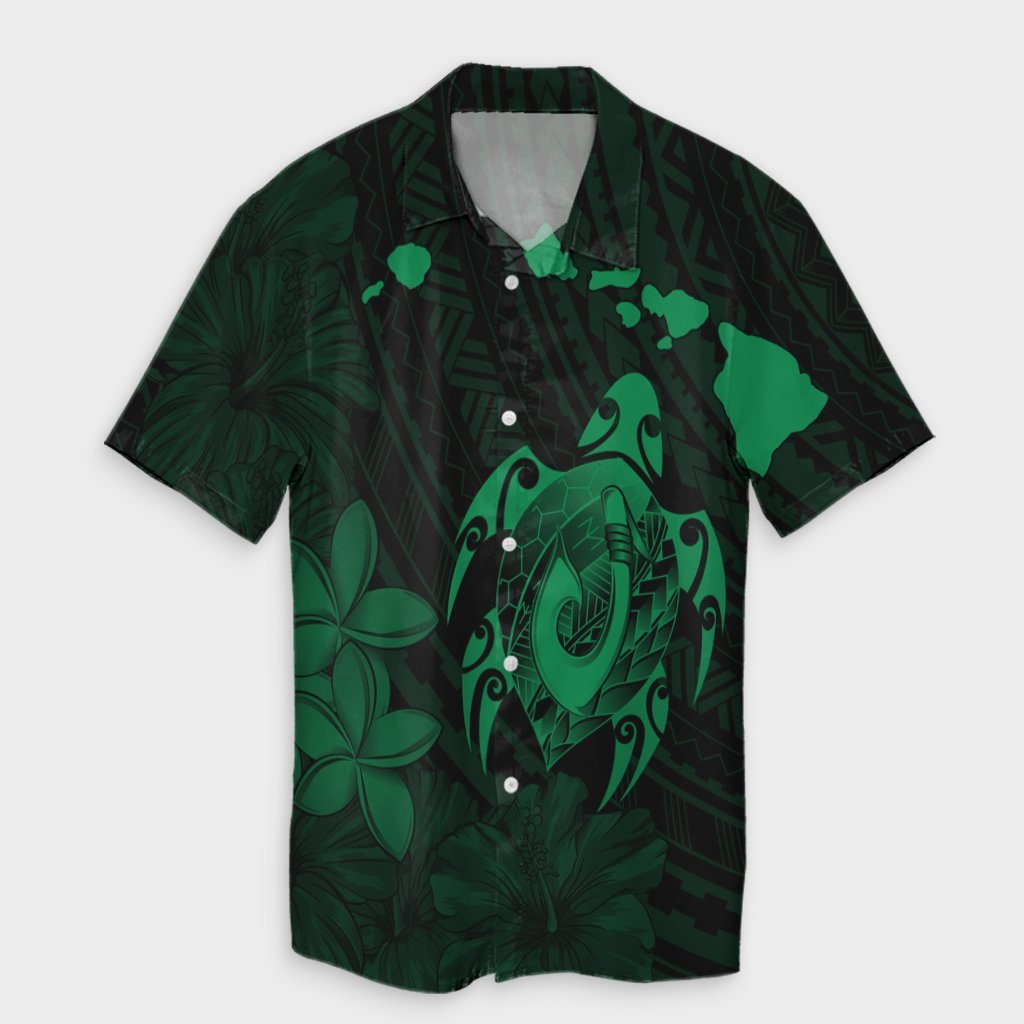 Hawaiian Map Turtle Plumeria Hibiscus Fish Hook Polynesian Hawaiian Shirt Green - AH Unisex Black - Polynesian Pride