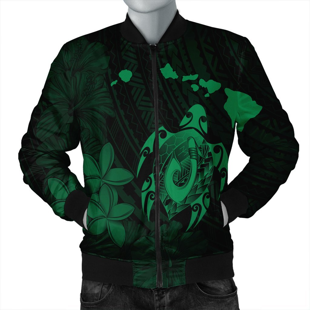 Hawaiian Map Turtle Plumeria Hibiscus Fish Hook Polynesian Bomber Jacket Green - AH Black Unisex - Polynesian Pride