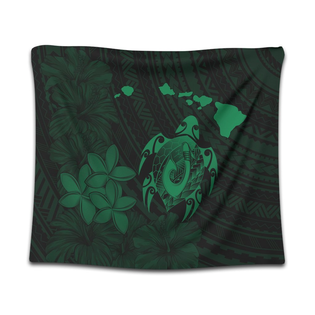 Hawaiian Map Turtle Plumeria Hibiscus Fish Hook Polynesian Tapestry Green - AH Wall Tapestry Black - Polynesian Pride