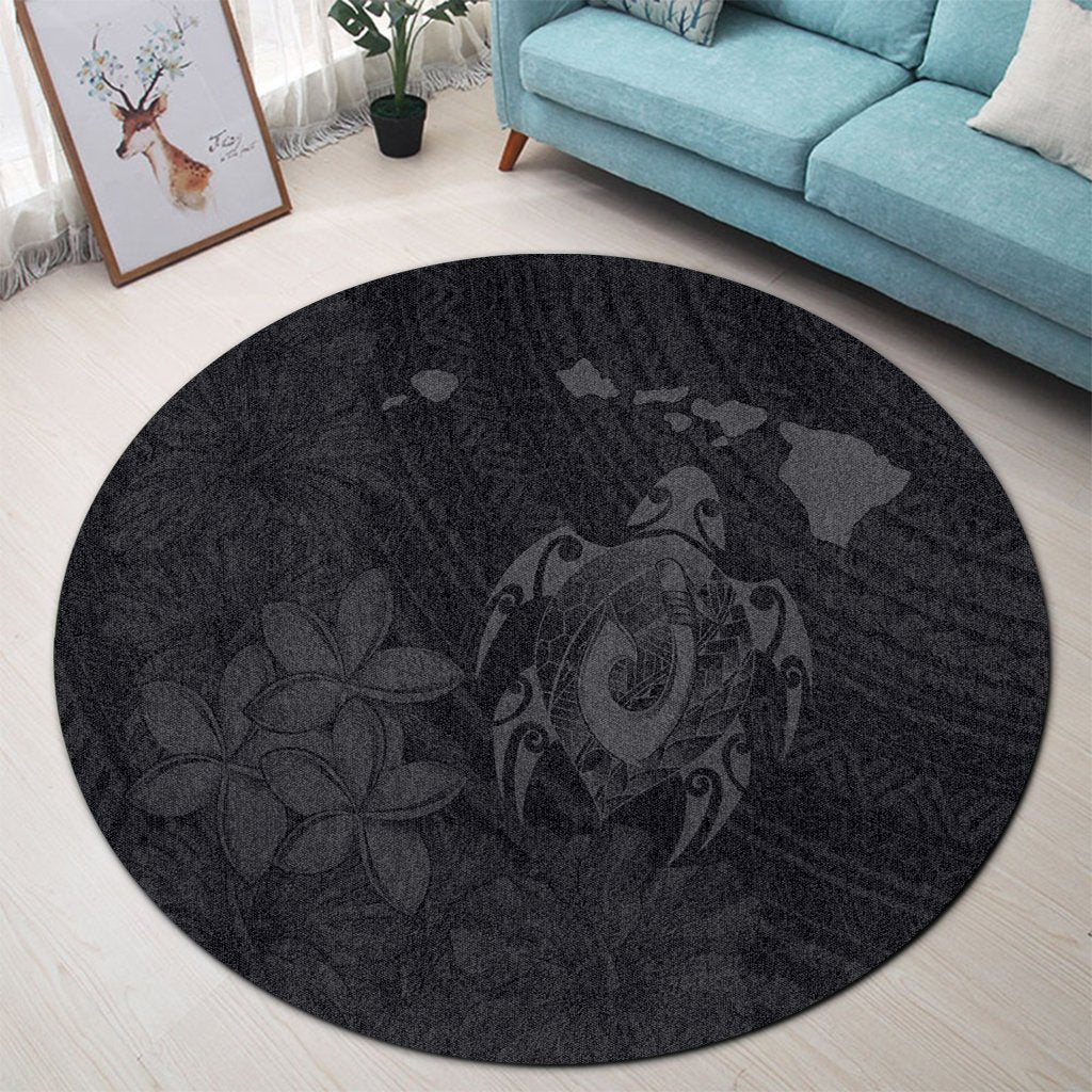Hawaiian Map Turtle Plumeria Hibiscus Fish Hook Polynesian Round Carpet Grey - AH - Polynesian Pride