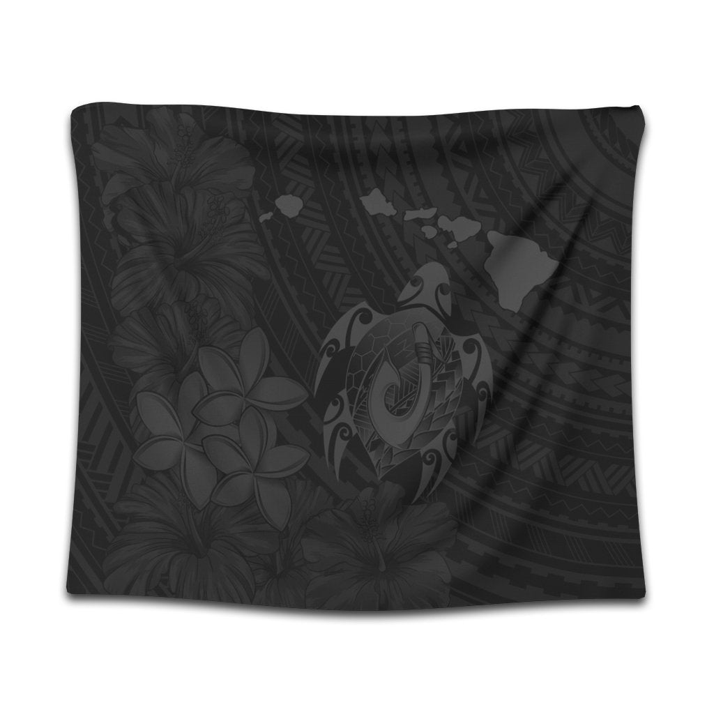 Hawaiian Map Turtle Plumeria Hibiscus Fish Hook Polynesian Tapestry Grey - AH Wall Tapestry Black - Polynesian Pride