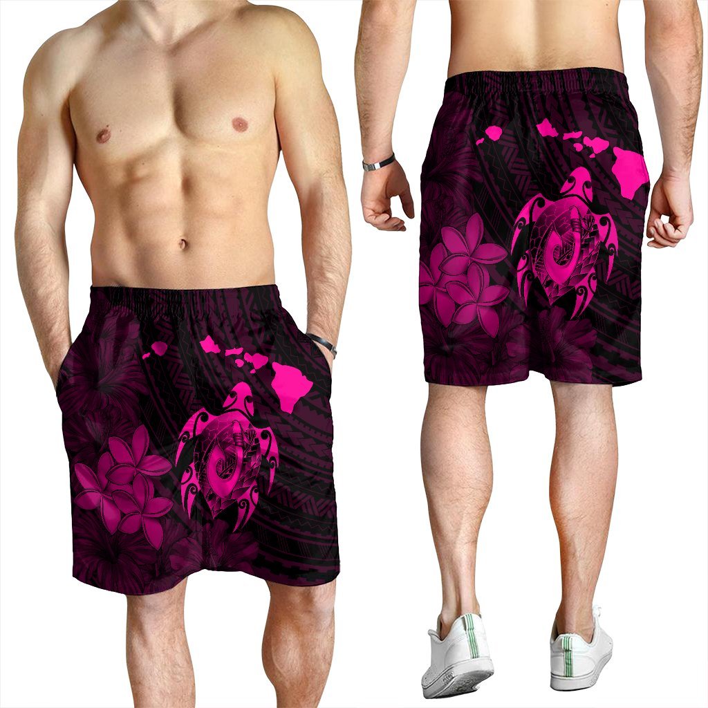 Hawaiian Map Turtle Plumeria Hibiscus Fish Hook Polynesian Men's Shorts Pink - AH - Polynesian Pride