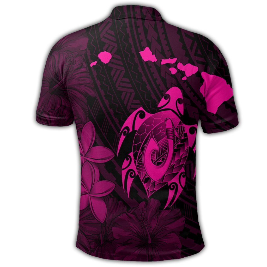 Hawaiian Map Turtle Plumeria Hibiscus Fish Hook Polynesian Polo Shirt Pink - Polynesian Pride