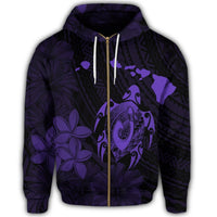 Hawaiian Map Turtle Plumeria Hibiscus Fish Hook Polynesian Zip Hoodie Purple - Polynesian Pride