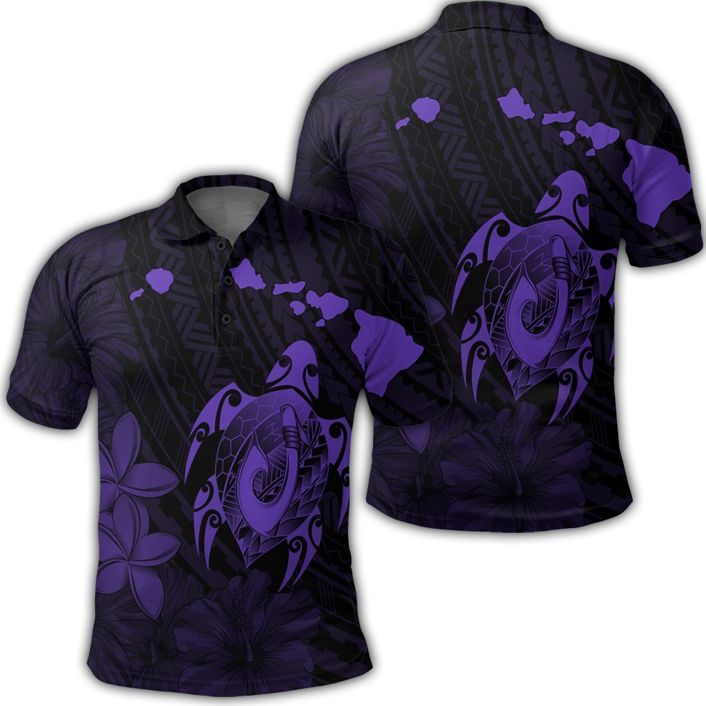 Hawaiian Map Turtle Plumeria Hibiscus Fish Hook Polynesian Polo Shirt Purple Unisex Black - Polynesian Pride