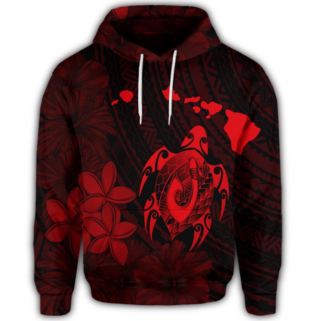 Hawaiian Map Turtle Plumeria Hibiscus Fish Hook Polynesian Hoodie Red - Polynesian Pride