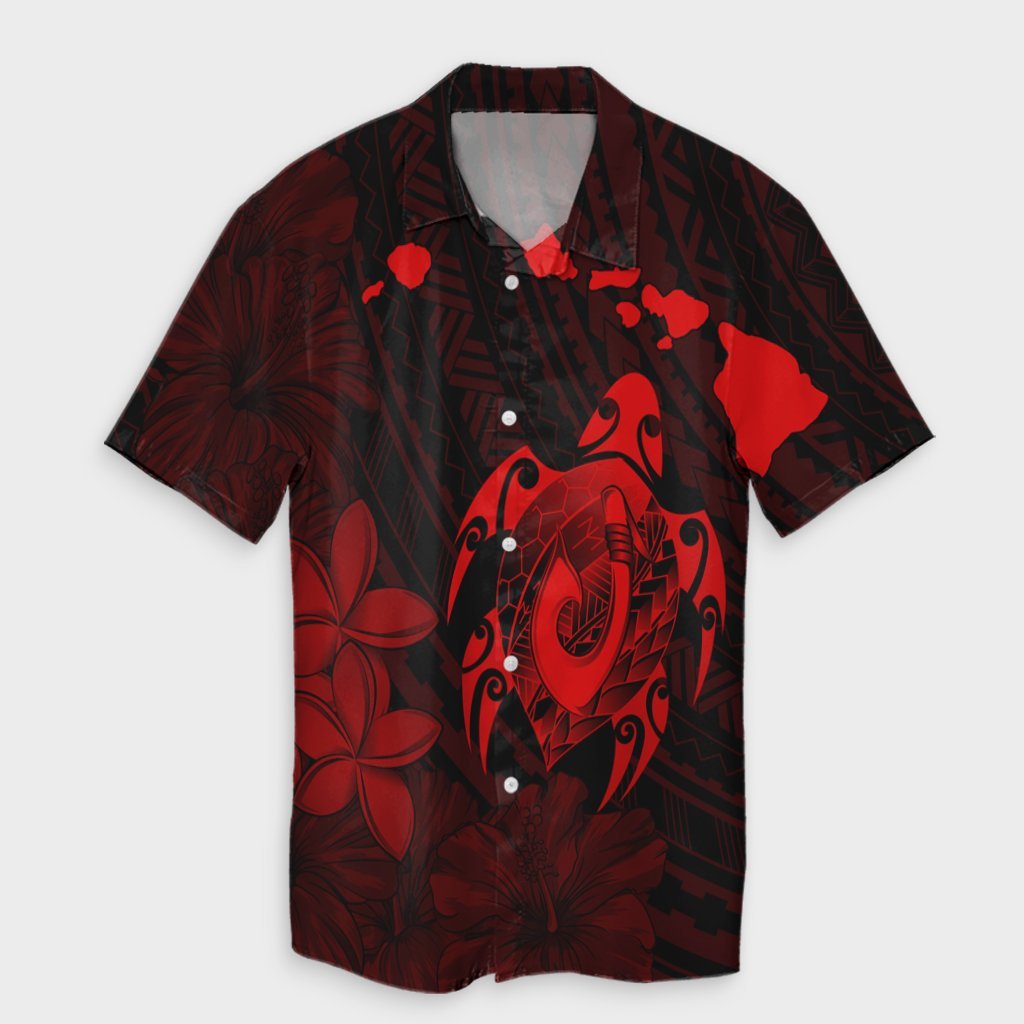 Hawaiian Map Turtle Plumeria Hibiscus Fish Hook Polynesian Hawaiian Shirt Red - AH Unisex Black - Polynesian Pride