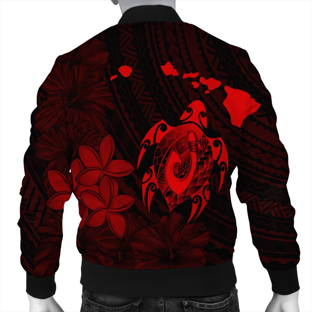 Hawaiian Map Turtle Plumeria Hibiscus Fish Hook Polynesian Bomber Jacket Red - AH - Polynesian Pride