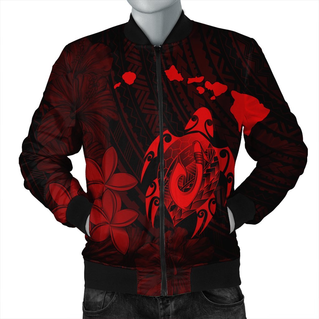 Hawaiian Map Turtle Plumeria Hibiscus Fish Hook Polynesian Bomber Jacket Red - AH Black Unisex - Polynesian Pride