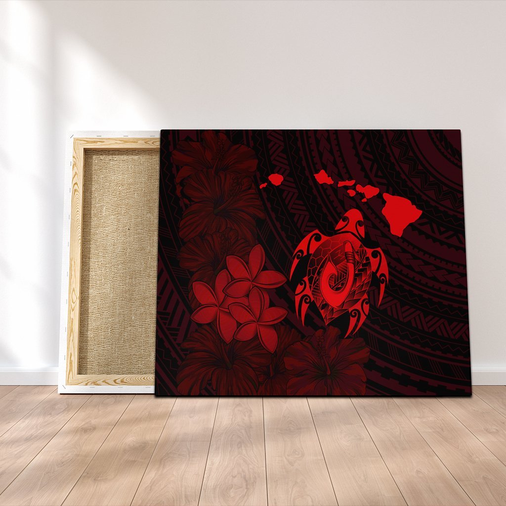 Hawaiian Map Turtle Plumeria Hibiscus Fish Hook Polynesian Canvas Red - AH Canvas Poly-cotton - Polynesian Pride