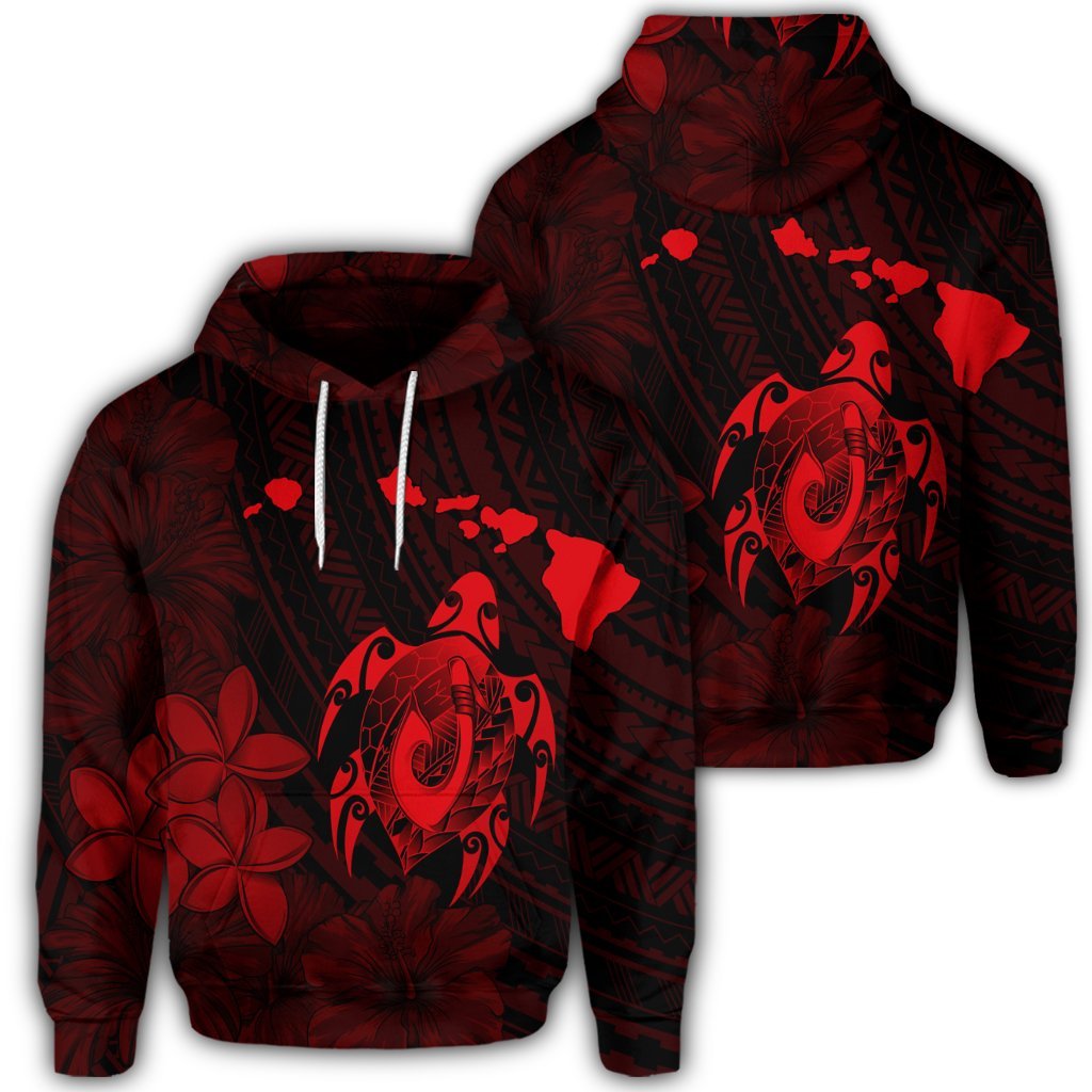 Hawaiian Map Turtle Plumeria Hibiscus Fish Hook Polynesian Hoodie Red Unisex Art - Polynesian Pride