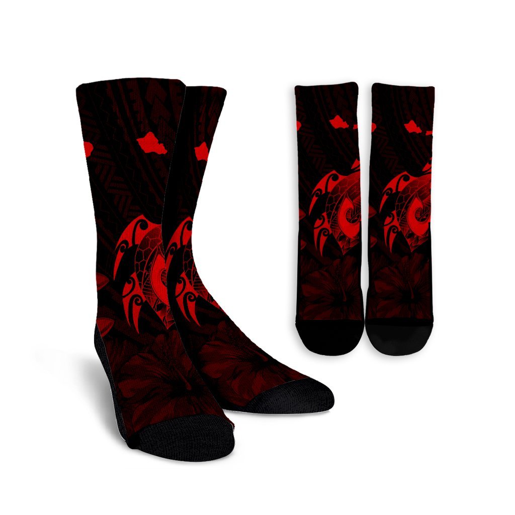 Hawaiian Map Turtle Plumeria Hibiscus Fish Hook Polynesian Crew Socks Red - AH Crew Socks White - Polynesian Pride
