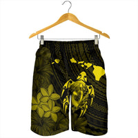 Hawaiian Map Turtle Plumeria Hibiscus Fish Hook Polynesian Men's Shorts Yellow - AH - Polynesian Pride