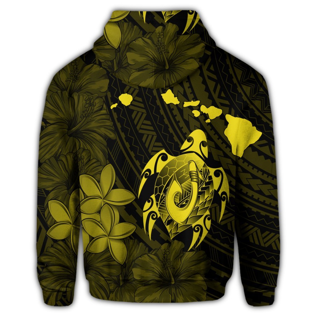 Hawaiian Map Turtle Plumeria Hibiscus Fish Hook Polynesian Zip Hoodie Yellow - Polynesian Pride