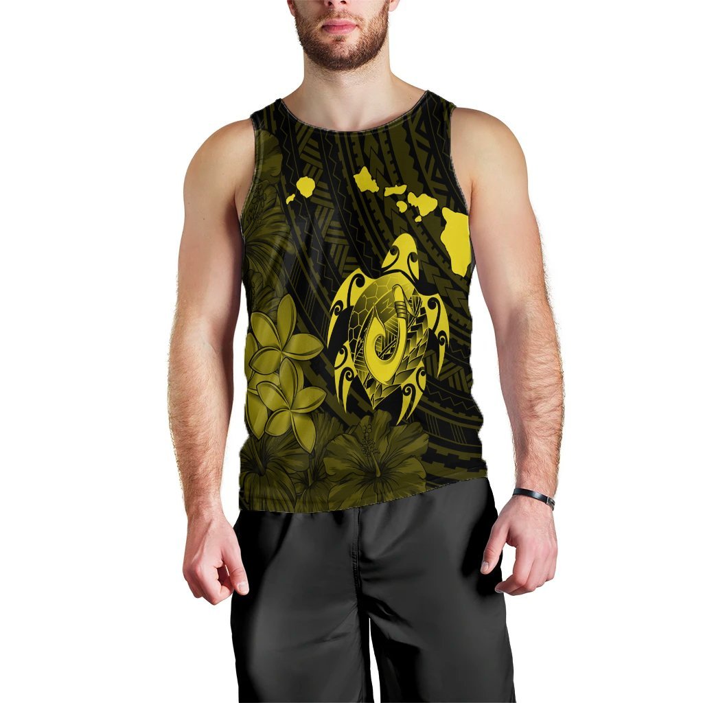 Hawaiian Map Turtle Plumeria Hibiscus Fish Hook Polynesian Tank Top Yellow - AH Black - Polynesian Pride