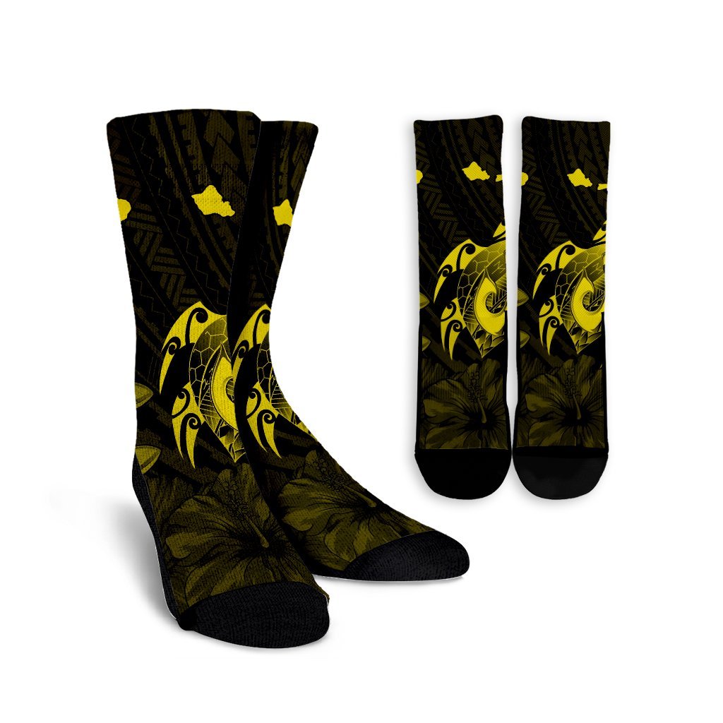 Hawaiian Map Turtle Plumeria Hibiscus Fish Hook Polynesian Crew Socks Yellow - AH Crew Socks White - Polynesian Pride