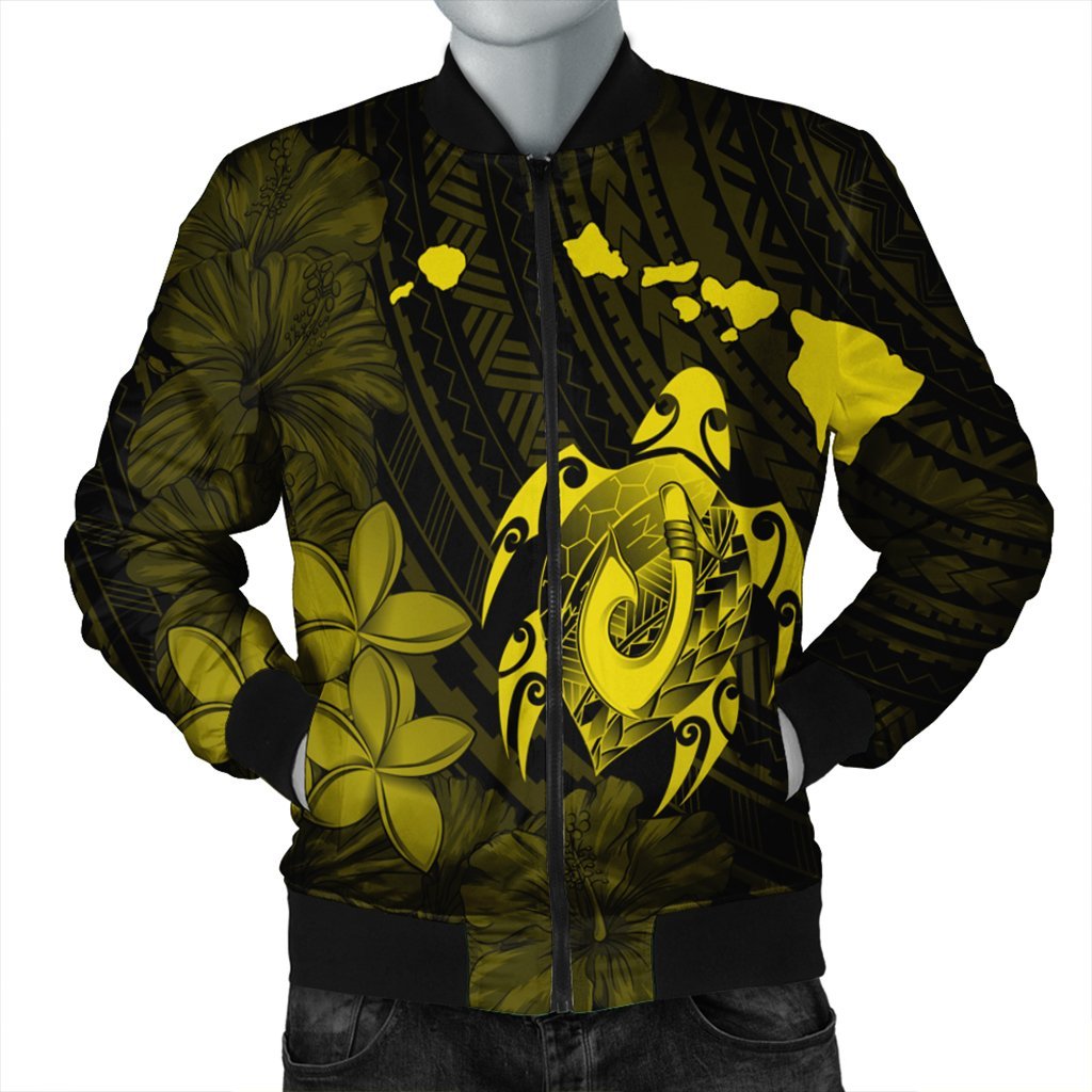 Hawaiian Map Turtle Plumeria Hibiscus Fish Hook Polynesian Bomber Jacket Yellow - AH Black Unisex - Polynesian Pride