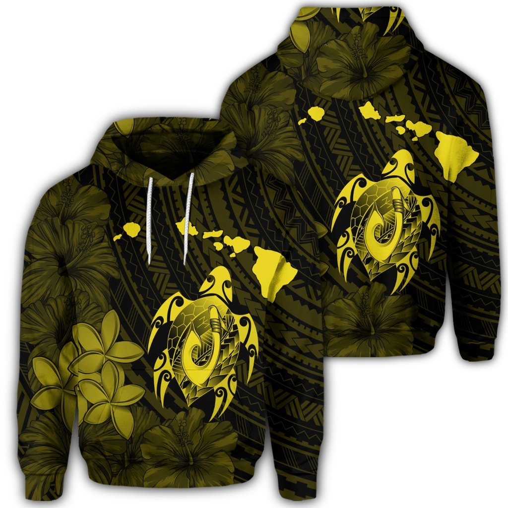 Hawaiian Map Turtle Plumeria Hibiscus Fish Hook Polynesian Hoodie Yellow Unisex Art - Polynesian Pride