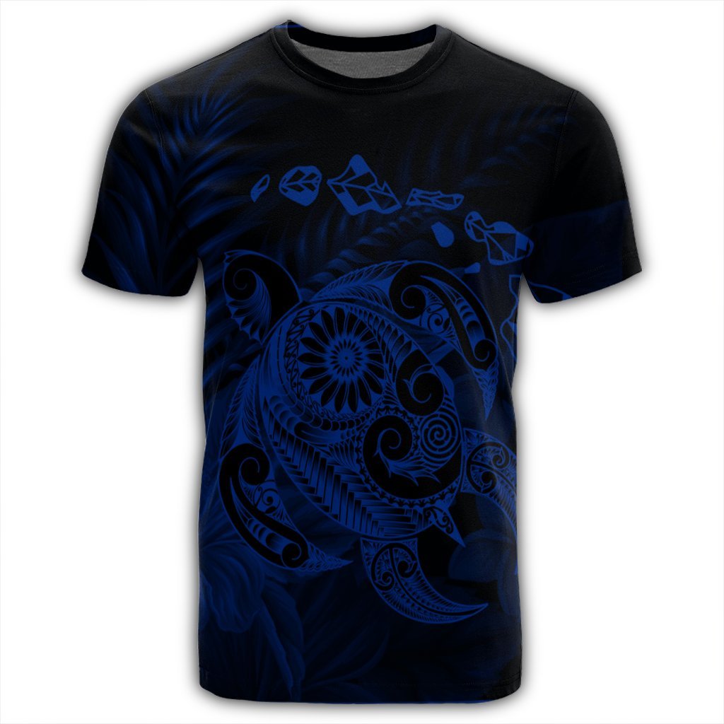 Hawaiian Map Turtle Tattoo Hibiscus Plumeria Polynesian T Shirt Blue AH - Polynesian Pride