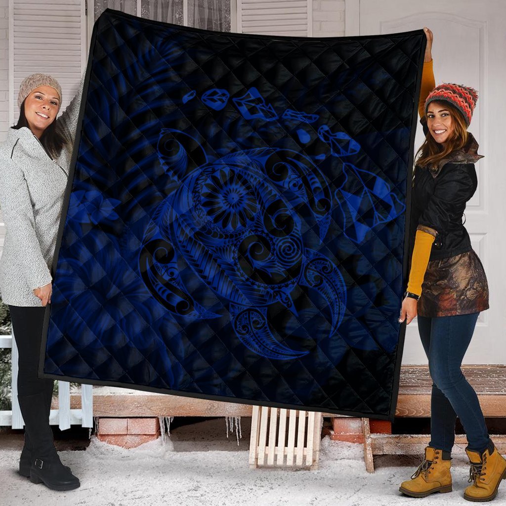 Hawaiian Map Turtle Tattoo Hibiscus Plumeria Polynesian Premium Quilts - Blue - AH - Polynesian Pride
