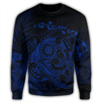 Hawaiian Map Turtle Tattoo Hibiscus Plumeria Polynesian Sweatshirt - Blue - AH - Polynesian Pride