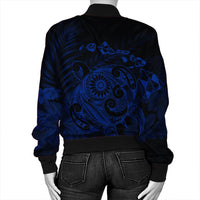 Hawaiian Map Turtle Tattoo Hibiscus Plumeria Polynesian Bomber Jacket - Blue - AH - Polynesian Pride