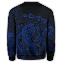 Hawaiian Map Turtle Tattoo Hibiscus Plumeria Polynesian Sweatshirt - Blue - AH - Polynesian Pride