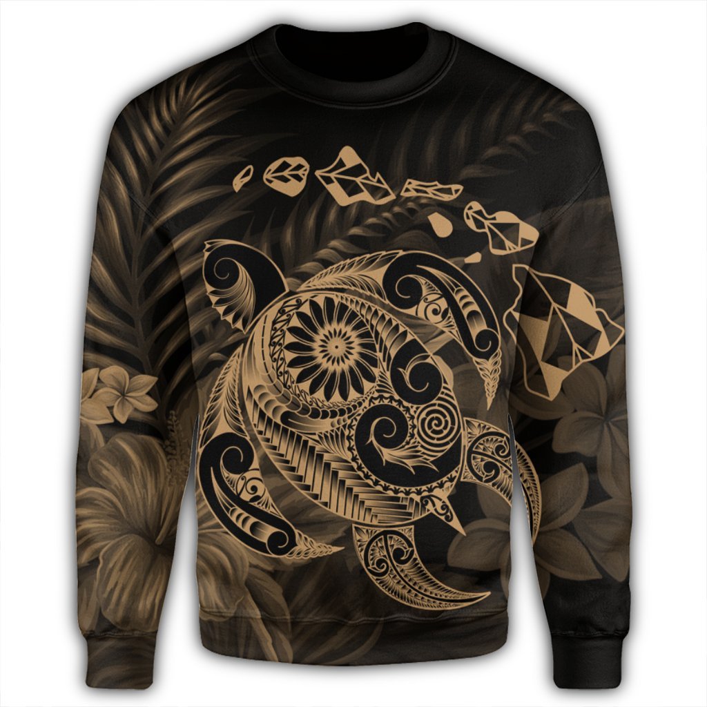 Hawaiian Map Turtle Tattoo Hibiscus Plumeria Polynesian Sweatshirt - Gold - AH - Polynesian Pride