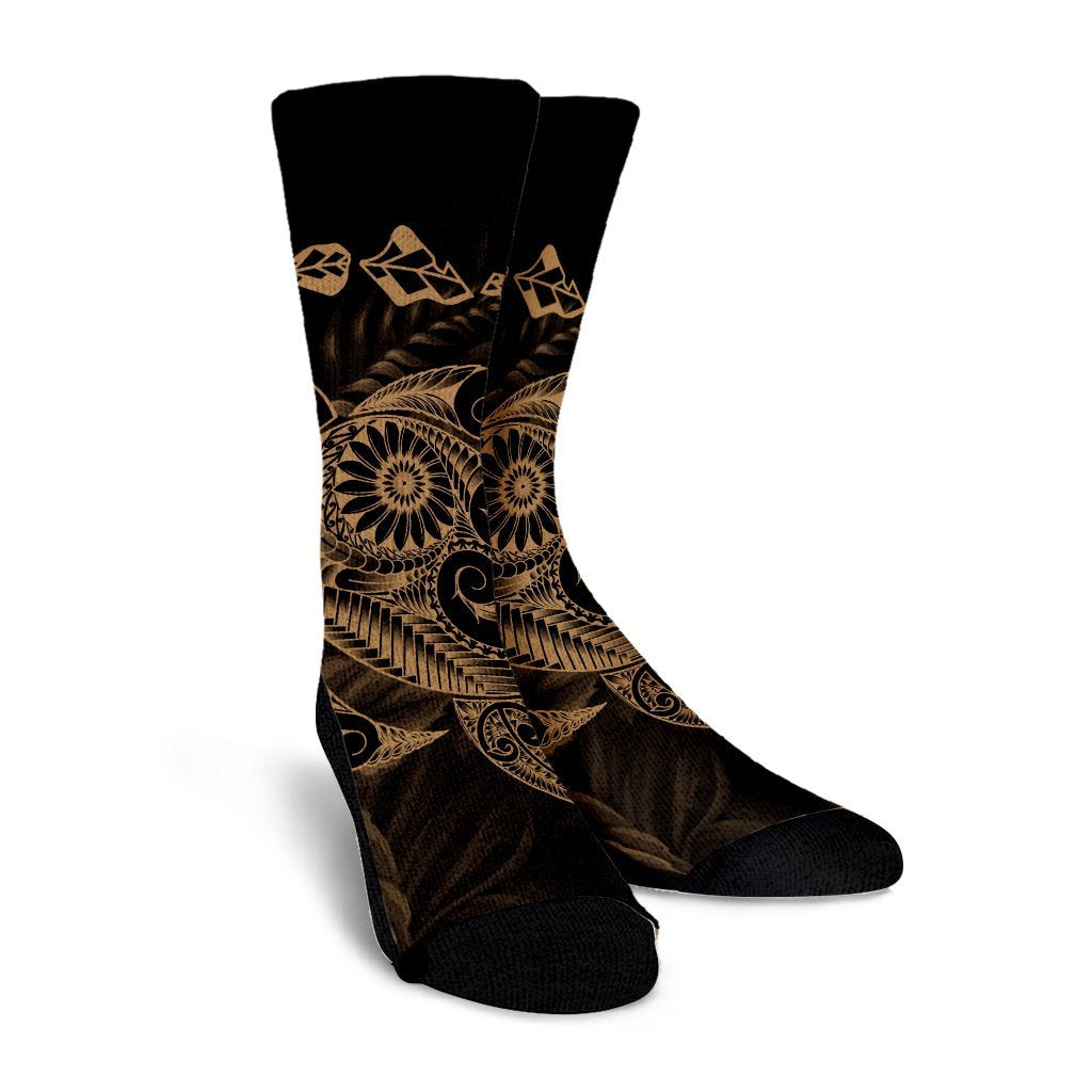 Hawaiian Map Turtle Tattoo Hibiscus Plumeria Polynesian Crew Socks - Gold - AH - Polynesian Pride