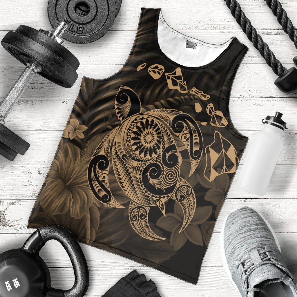 Hawaiian Map Turtle Tattoo Hibiscus Plumeria Polynesian Tank Top - Gold - AH - Polynesian Pride