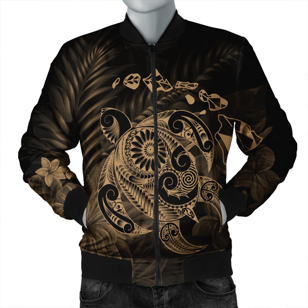 Hawaiian Map Turtle Tattoo Hibiscus Plumeria Polynesian Bomber Jacket - Gold - AH Black Unisex - Polynesian Pride