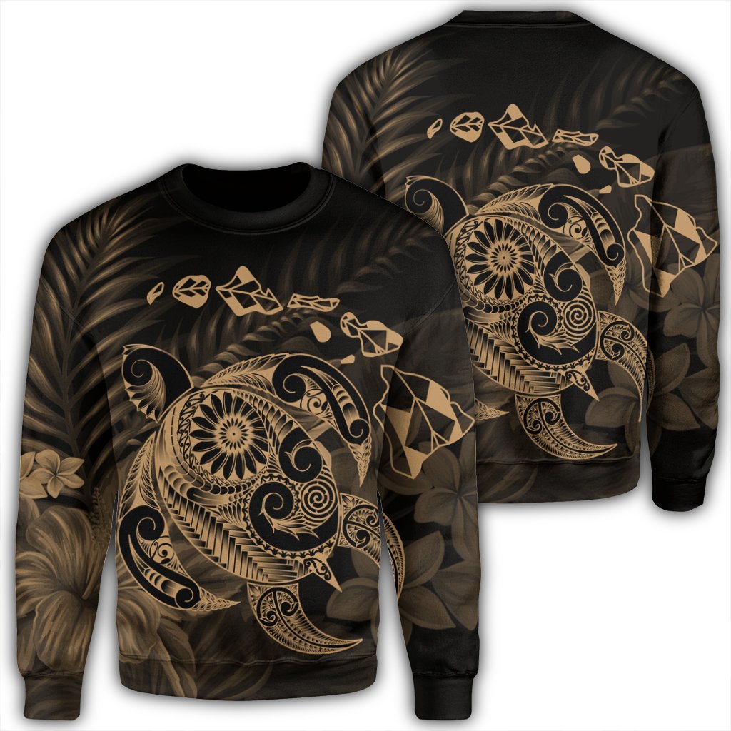 Hawaiian Map Turtle Tattoo Hibiscus Plumeria Polynesian Sweatshirt - Gold - AH Unisex Black - Polynesian Pride