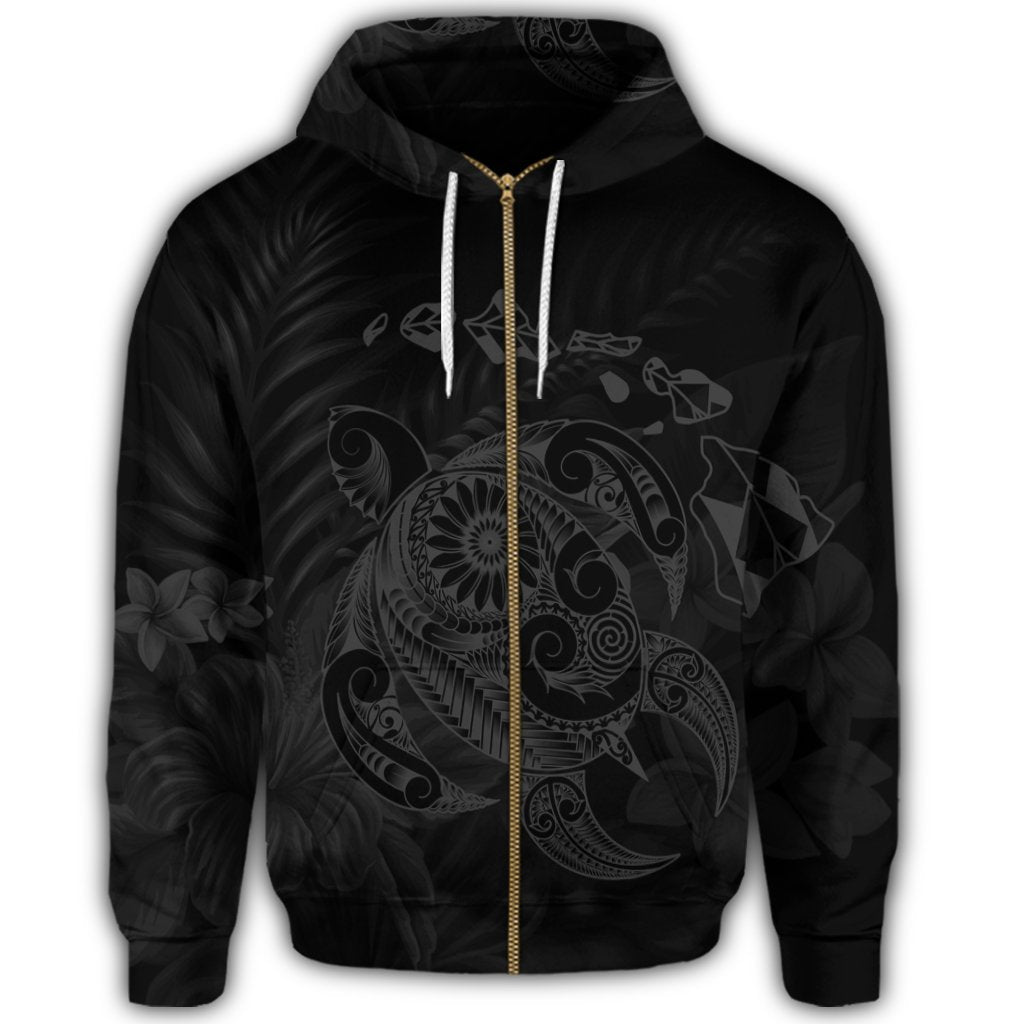 Hawaiian Map Turtle Tattoo Hibiscus Plumeria Polynesian Zip Hoodie Gray - Polynesian Pride