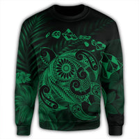 Hawaiian Map Turtle Tattoo Hibiscus Plumeria Polynesian Sweatshirt - Green - AH - Polynesian Pride