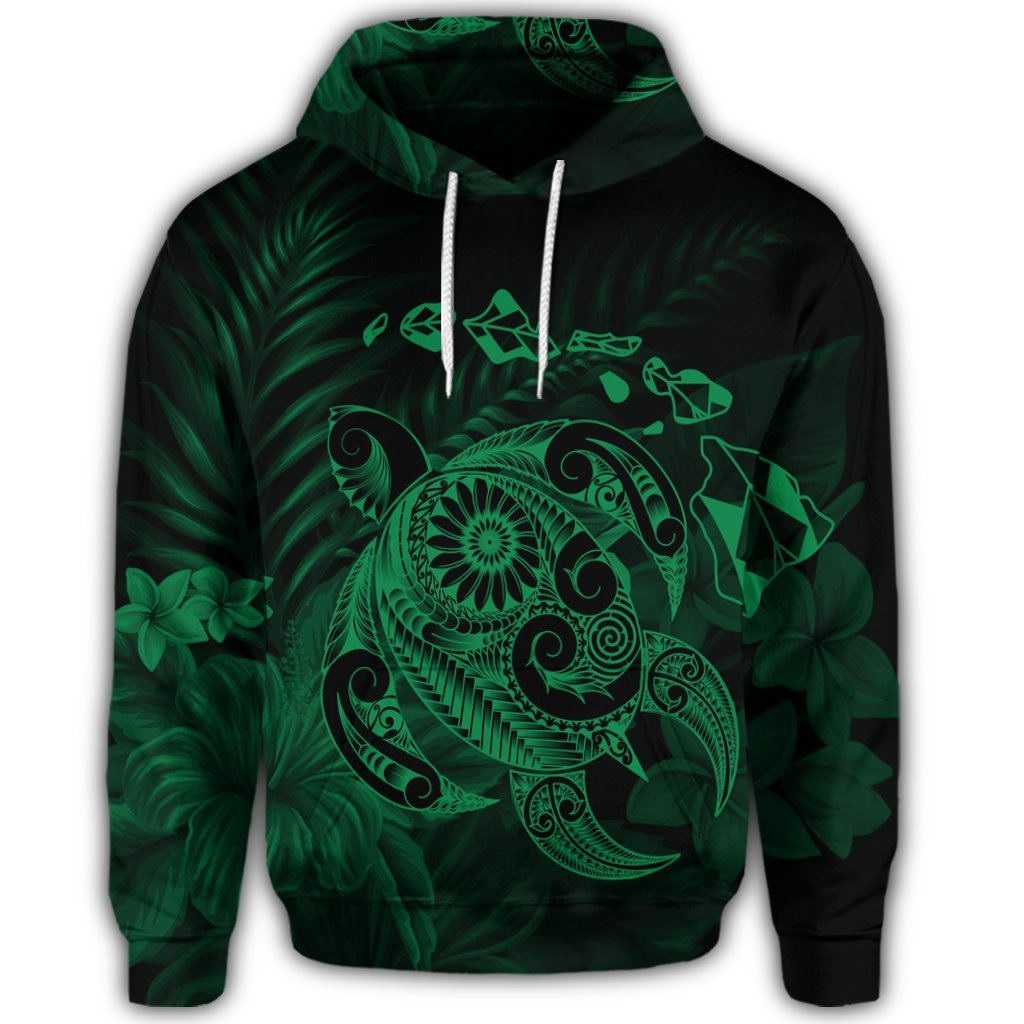 Hawaiian Map Turtle Tattoo Hibiscus Plumeria Polynesian Hoodie Green - Polynesian Pride
