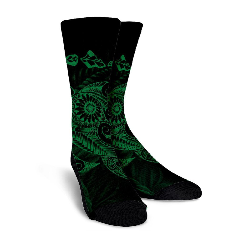 Hawaiian Map Turtle Tattoo Hibiscus Plumeria Polynesian Crew Socks - Green - AH - Polynesian Pride