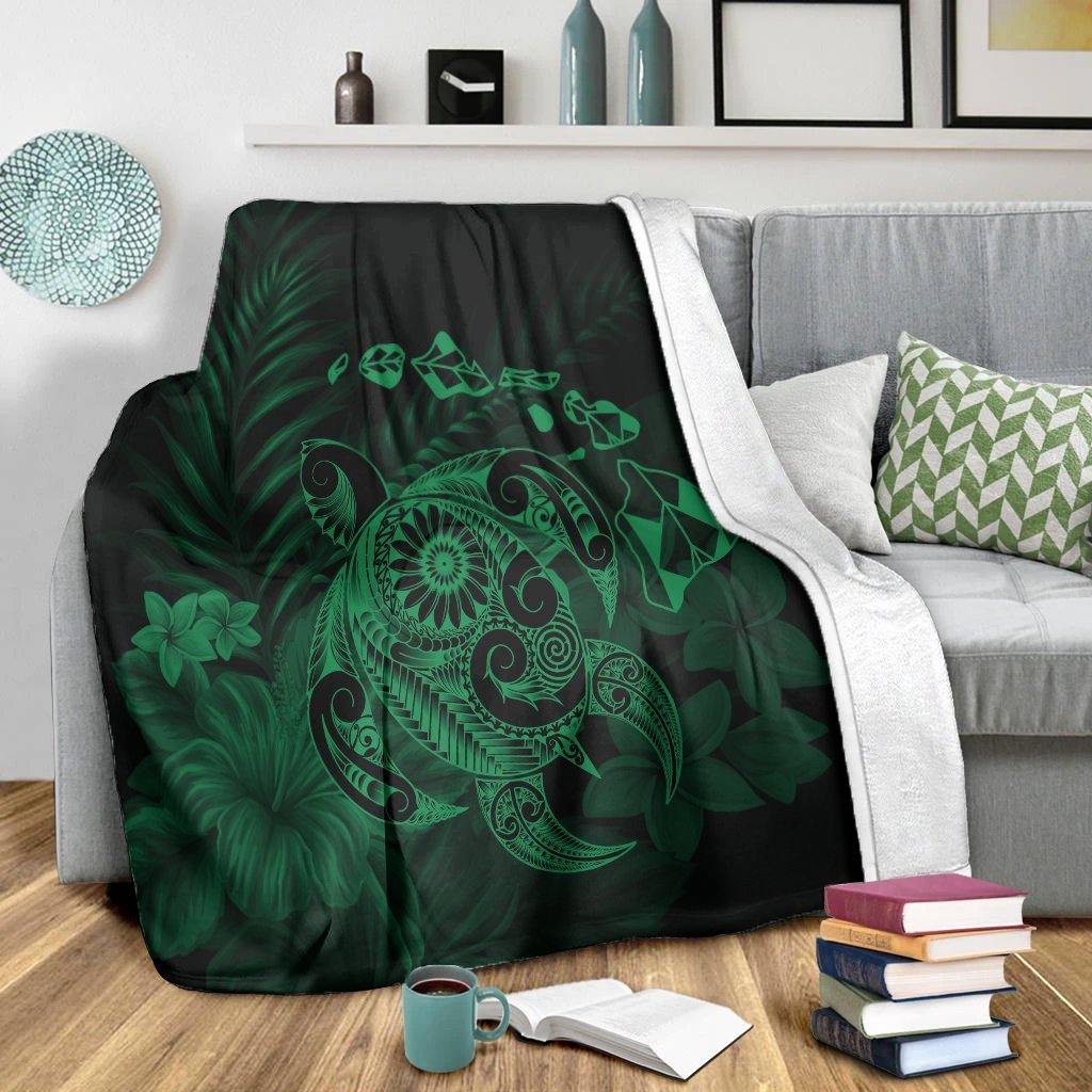 Hawaiian Map Turtle Tattoo Hibiscus Plumeria Polynesian Premium Blankets - Green - AH - Polynesian Pride