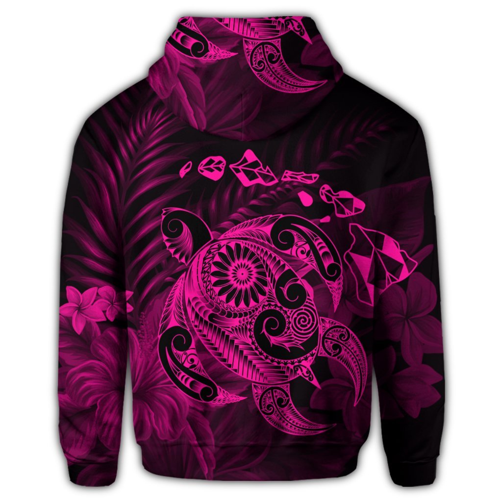 Hawaiian Map Turtle Tattoo Hibiscus Plumeria Polynesian Zip Hoodie Pink - Polynesian Pride