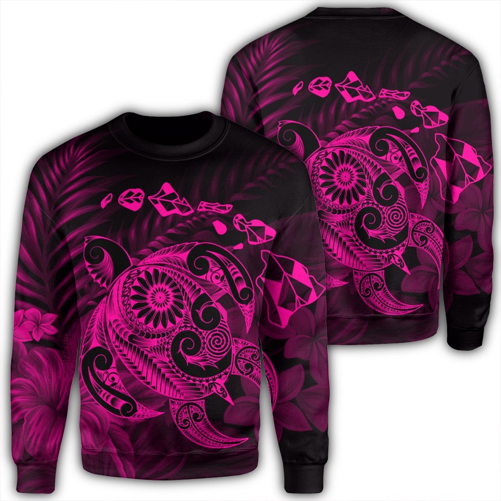 Hawaiian Map Turtle Tattoo Hibiscus Plumeria Polynesian Sweatshirt - Pink - AH Unisex Black - Polynesian Pride