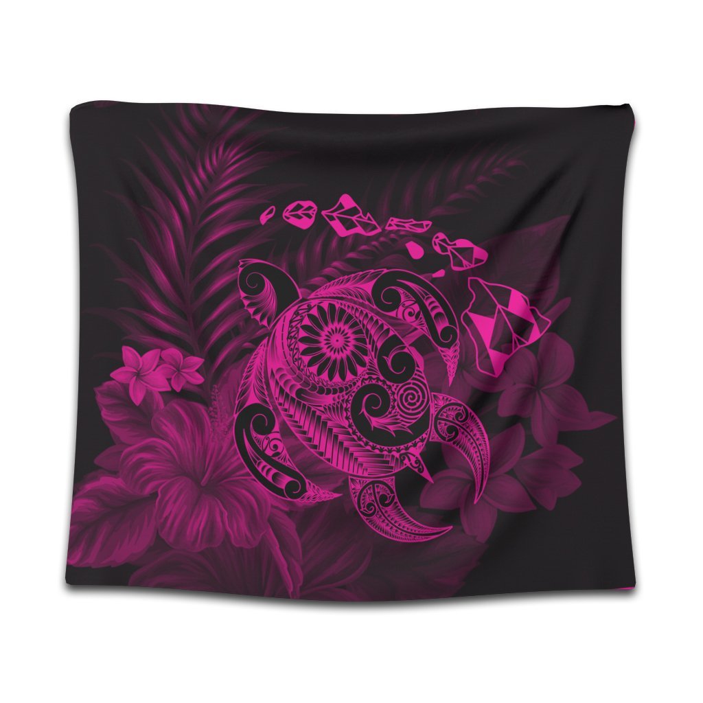 Hawaiian Map Turtle Tattoo Hibiscus Plumeria Polynesian Tapestry - Pink - AH Wall Tapestry Black - Polynesian Pride