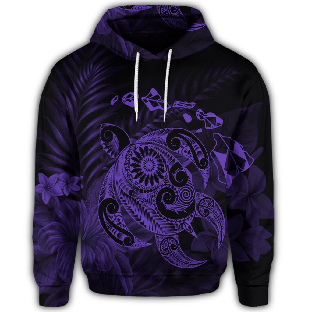 Hawaiian Map Turtle Tattoo Hibiscus Plumeria Polynesian Hoodie Purple - Polynesian Pride