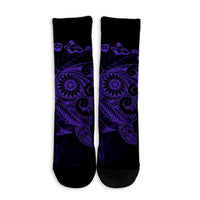Hawaiian Map Turtle Tattoo Hibiscus Plumeria Polynesian Crew Socks - Purple - AH - Polynesian Pride
