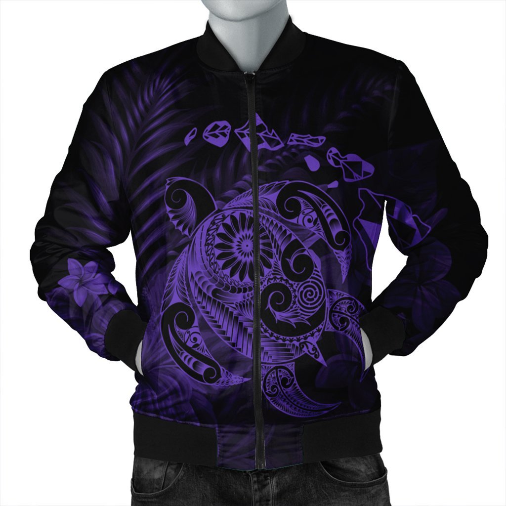 Hawaiian Map Turtle Tattoo Hibiscus Plumeria Polynesian Bomber Jacket - Purple - AH Black Unisex - Polynesian Pride