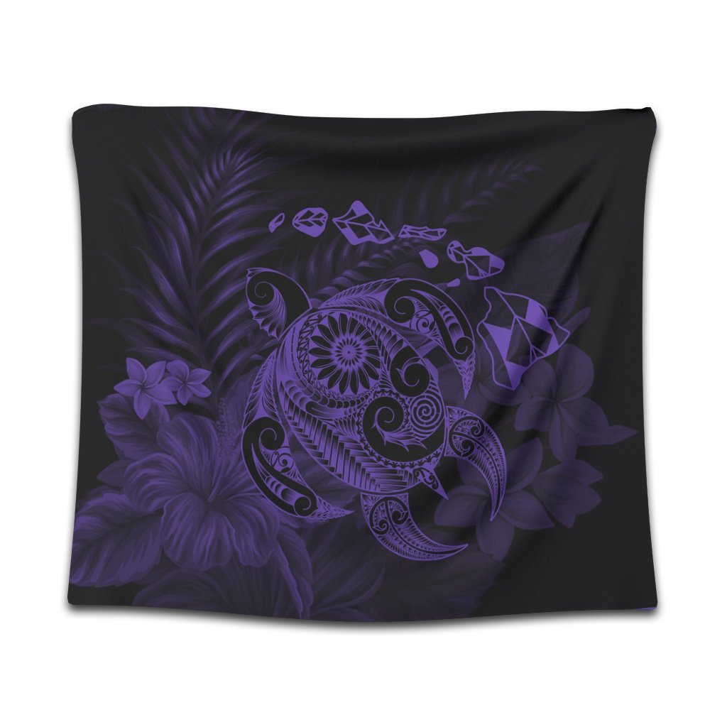 Hawaiian Map Turtle Tattoo Hibiscus Plumeria Polynesian Tapestry - Purple - AH Wall Tapestry Black - Polynesian Pride