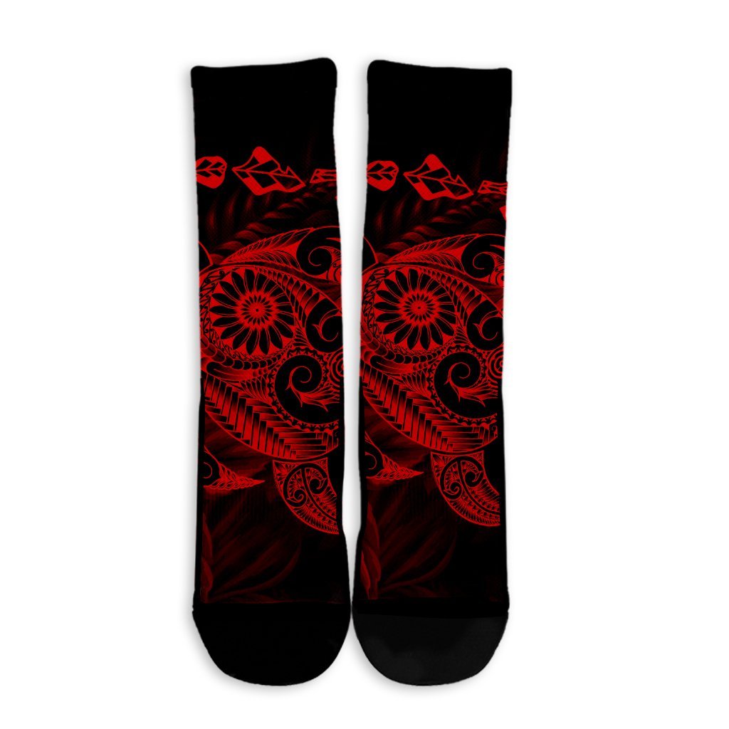 Hawaiian Map Turtle Tattoo Hibiscus Plumeria Polynesian Crew Socks - Red - AH - Polynesian Pride