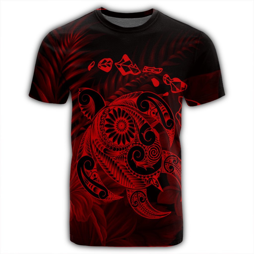 Hawaiian Map Turtle Tattoo Hibiscus Plumeria Polynesian T Shirt Red AH - Polynesian Pride