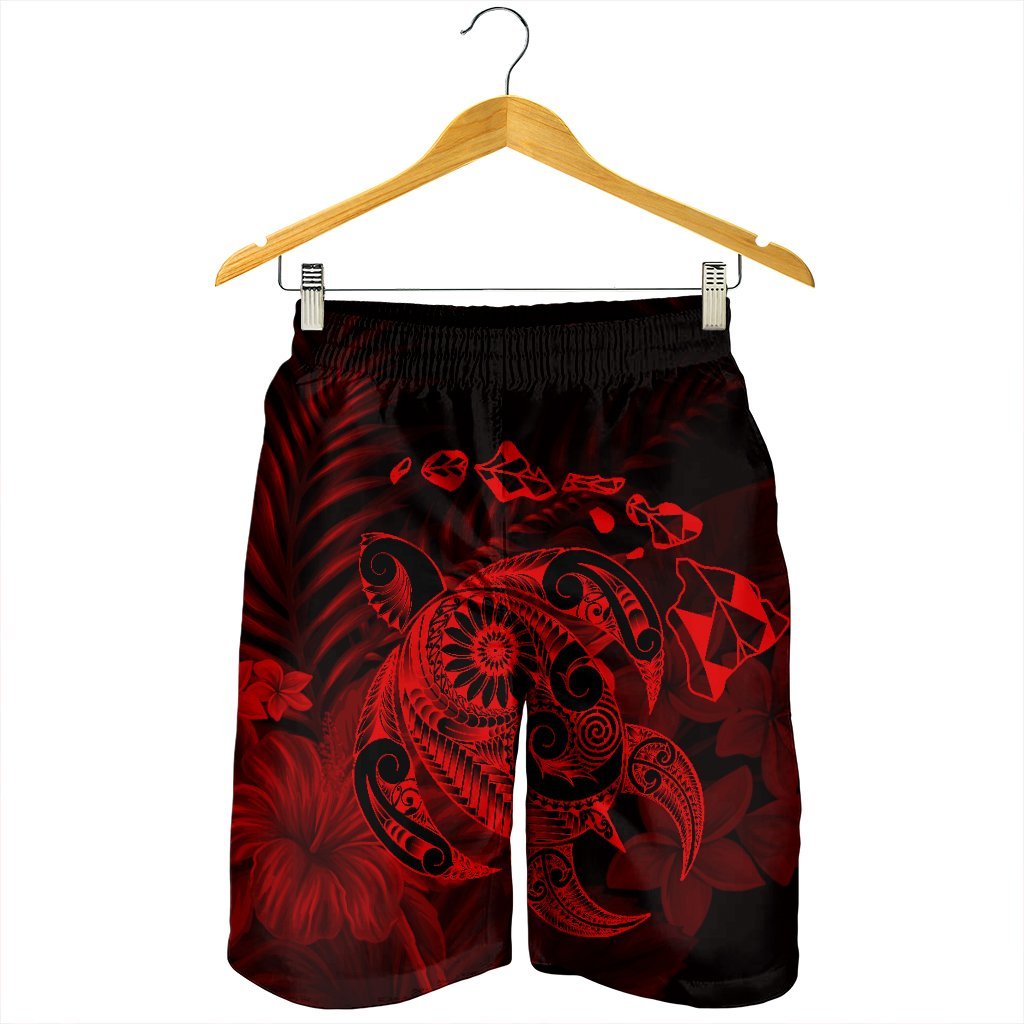 Hawaiian Map Turtle Tattoo Hibiscus Plumeria Polynesian Men's Shorts - Red - AH - Polynesian Pride