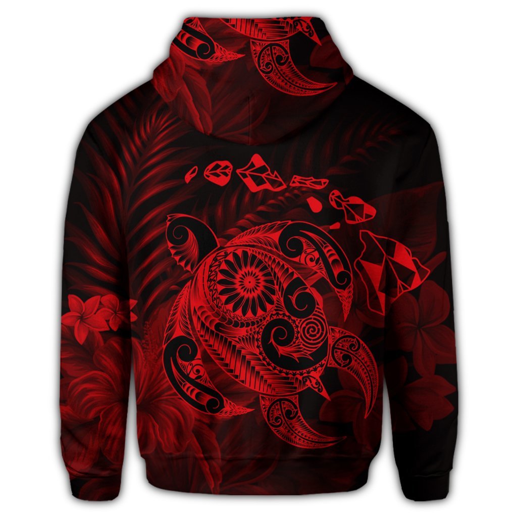 Hawaiian Map Turtle Tattoo Hibiscus Plumeria Polynesian Zip Hoodie Red - Polynesian Pride