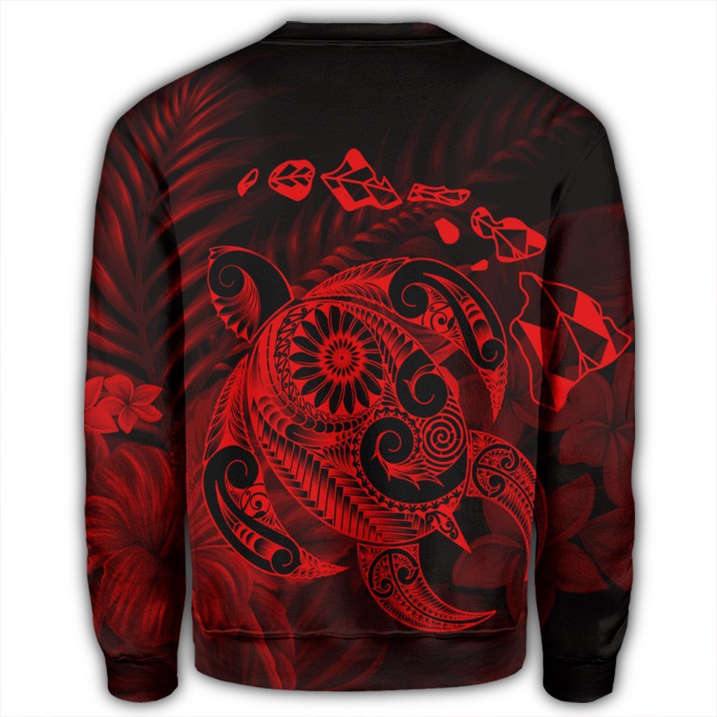 Hawaiian Map Turtle Tattoo Hibiscus Plumeria Polynesian Sweatshirt - Red - AH - Polynesian Pride