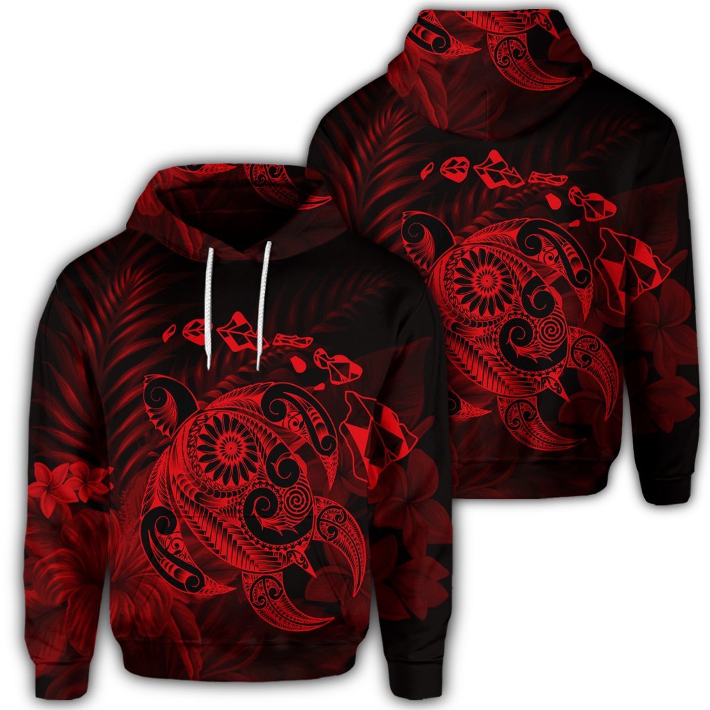 Hawaiian Map Turtle Tattoo Hibiscus Plumeria Polynesian Hoodie Red Unisex Art - Polynesian Pride